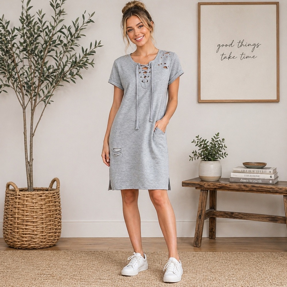 Love J Gray Distressed T Shirt Dress Lace Up Casual Lounge Grunge Streetwear L